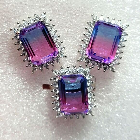 Pink and Lavender Tourmaline color glass Earrings and Ring - Picture 1 of 14